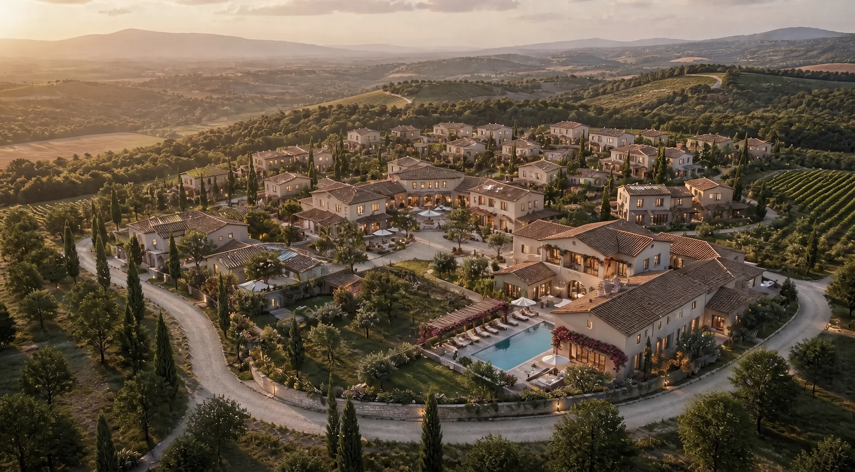 Residencial Verania — Vista aérea al atardecer